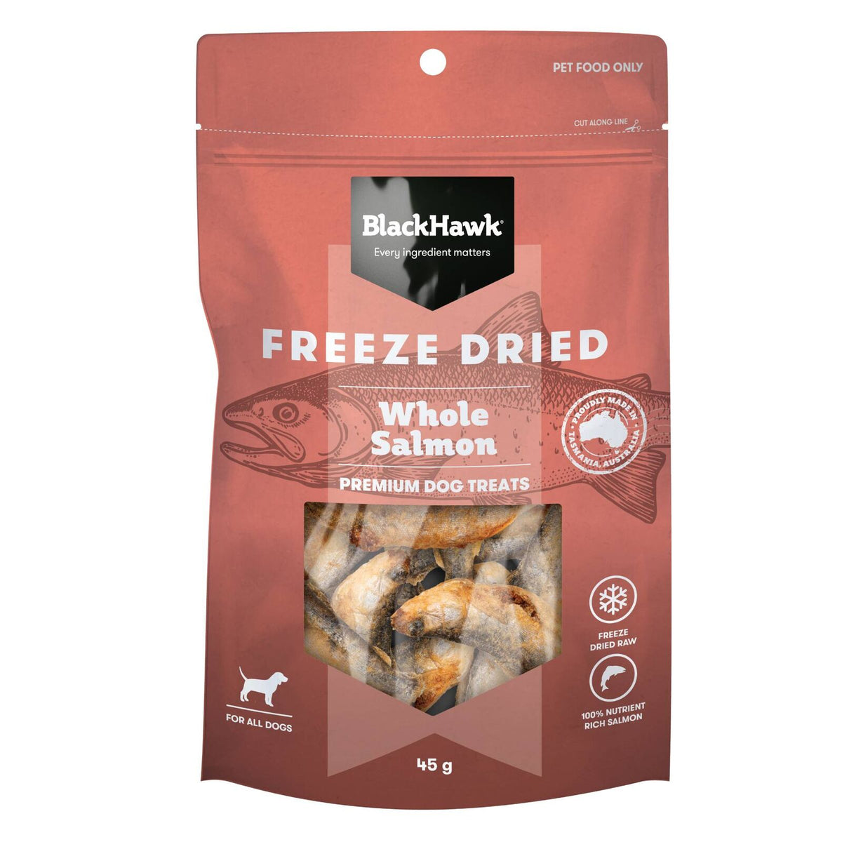 Black Hawk Freeze Dried Whole Salmon Pieces Treats 45g