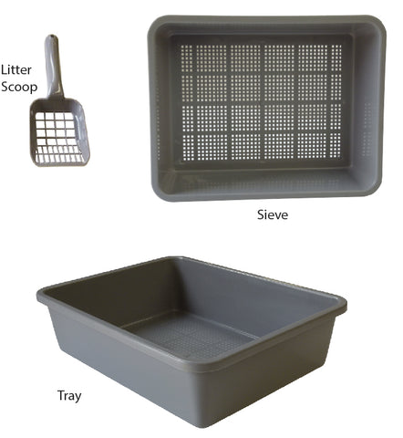 Litter Tray W Sieve Scoop Charcoal 46x36x12cm