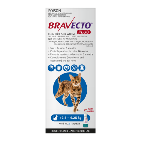 Bravecto Cat Plus 250mg 2.8-6.25kg Blue